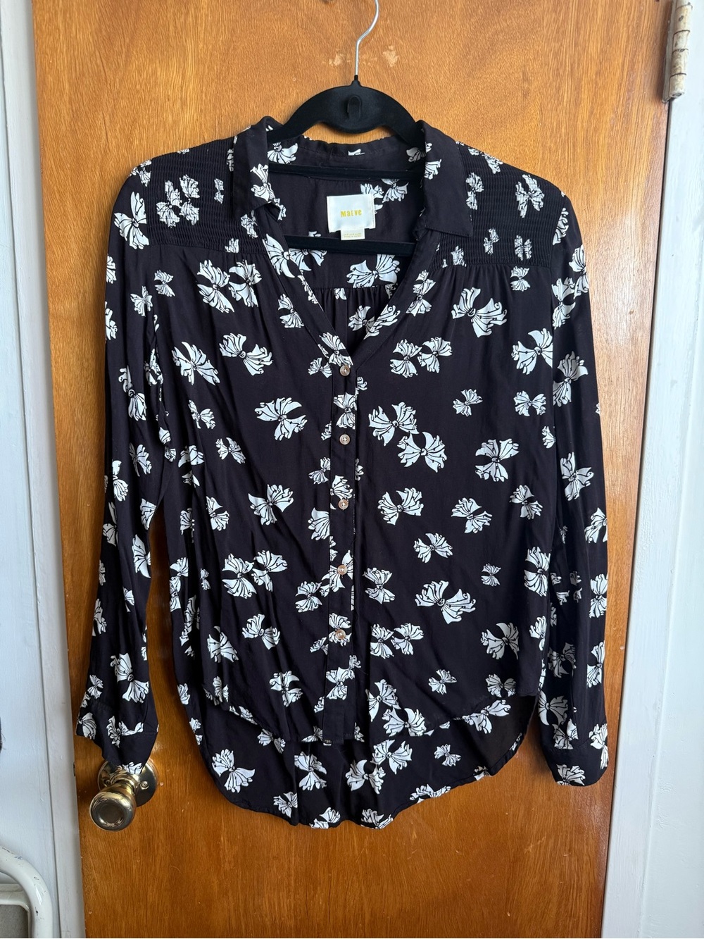 Maeve by Anthropology - Black Button-Down Shirt with White Bowtie Print